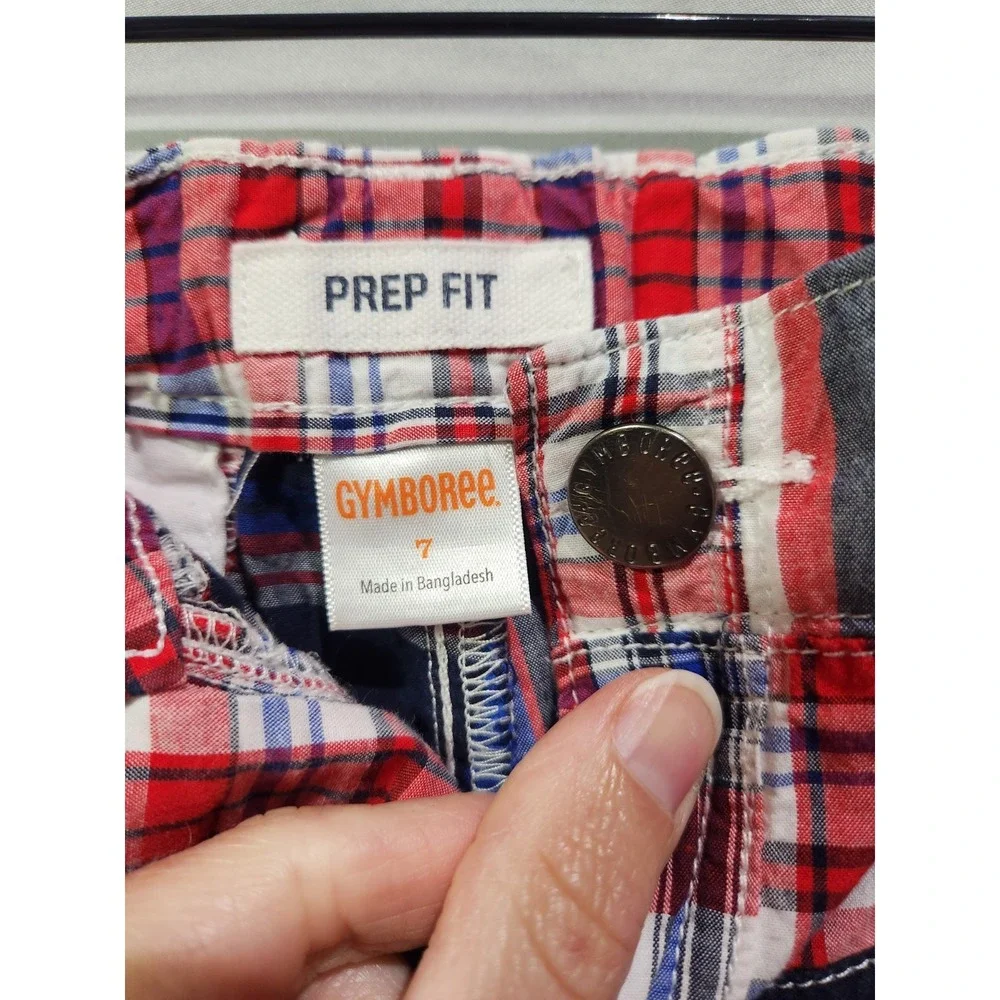 Gymboree Boys Sz 7 Patriotic Red Blue Prep Shorts Plaid Patchwork 4th‎ Of July
